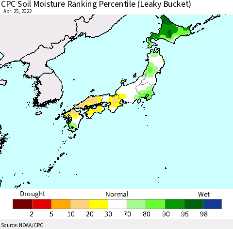 Japan CPC Soil Moisture Ranking Percentile (Leaky Bucket) Thematic Map For 4/21/2022 - 4/25/2022