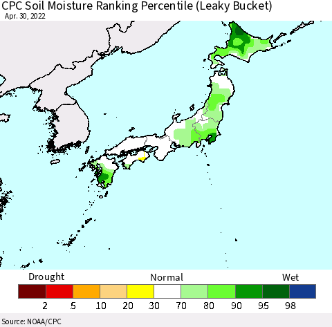 Japan CPC Soil Moisture Ranking Percentile (Leaky Bucket) Thematic Map For 4/26/2022 - 4/30/2022