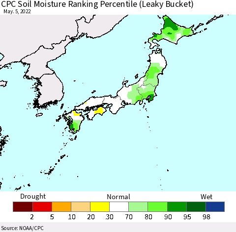 Japan CPC Soil Moisture Ranking Percentile (Leaky Bucket) Thematic Map For 5/1/2022 - 5/5/2022