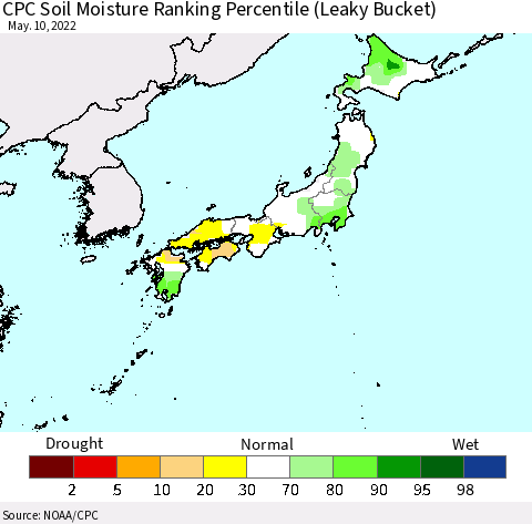 Japan CPC Soil Moisture Ranking Percentile (Leaky Bucket) Thematic Map For 5/6/2022 - 5/10/2022