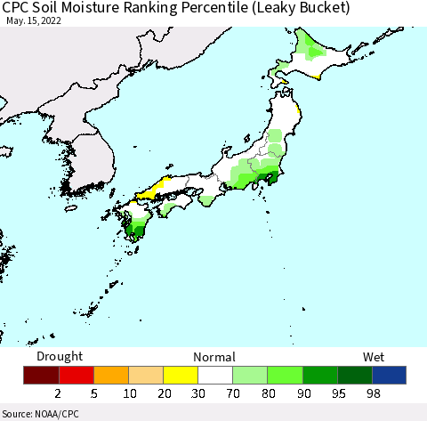 Japan CPC Soil Moisture Ranking Percentile (Leaky Bucket) Thematic Map For 5/11/2022 - 5/15/2022