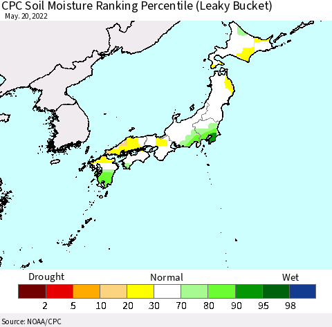 Japan CPC Soil Moisture Ranking Percentile (Leaky Bucket) Thematic Map For 5/16/2022 - 5/20/2022