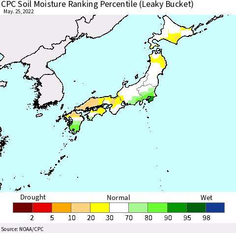 Japan CPC Soil Moisture Ranking Percentile (Leaky Bucket) Thematic Map For 5/21/2022 - 5/25/2022