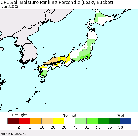 Japan CPC Soil Moisture Ranking Percentile (Leaky Bucket) Thematic Map For 6/1/2022 - 6/5/2022