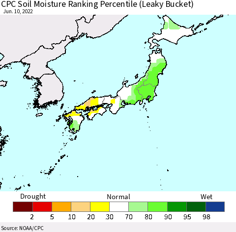Japan CPC Soil Moisture Ranking Percentile (Leaky Bucket) Thematic Map For 6/6/2022 - 6/10/2022