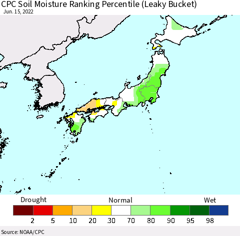 Japan CPC Soil Moisture Ranking Percentile (Leaky Bucket) Thematic Map For 6/11/2022 - 6/15/2022