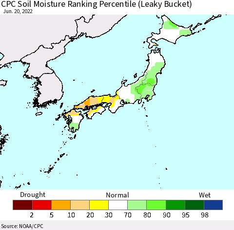 Japan CPC Soil Moisture Ranking Percentile (Leaky Bucket) Thematic Map For 6/16/2022 - 6/20/2022