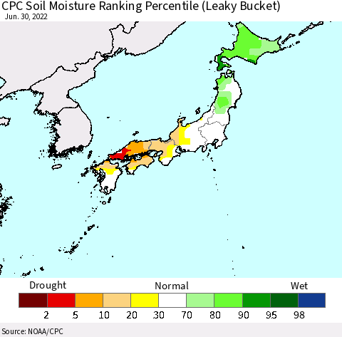 Japan CPC Soil Moisture Ranking Percentile (Leaky Bucket) Thematic Map For 6/26/2022 - 6/30/2022