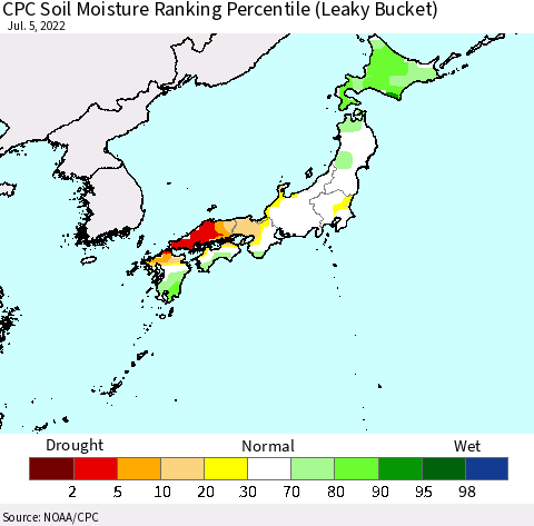 Japan CPC Soil Moisture Ranking Percentile (Leaky Bucket) Thematic Map For 7/1/2022 - 7/5/2022
