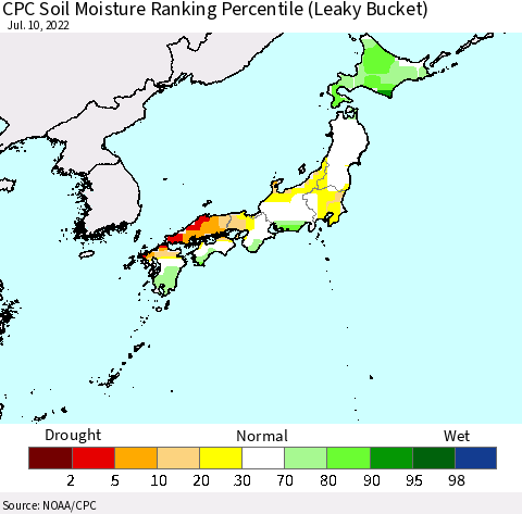 Japan CPC Soil Moisture Ranking Percentile (Leaky Bucket) Thematic Map For 7/6/2022 - 7/10/2022