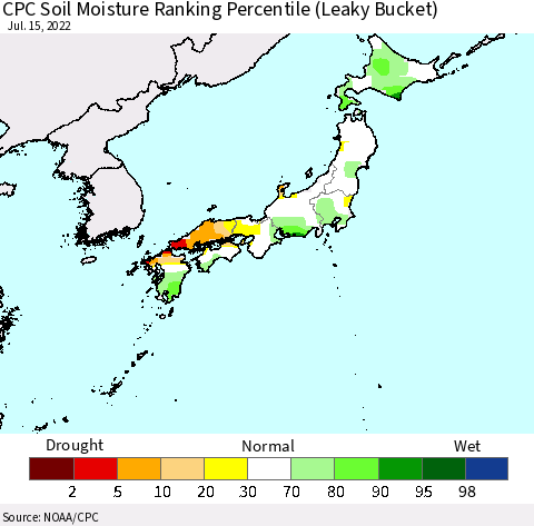 Japan CPC Soil Moisture Ranking Percentile (Leaky Bucket) Thematic Map For 7/11/2022 - 7/15/2022