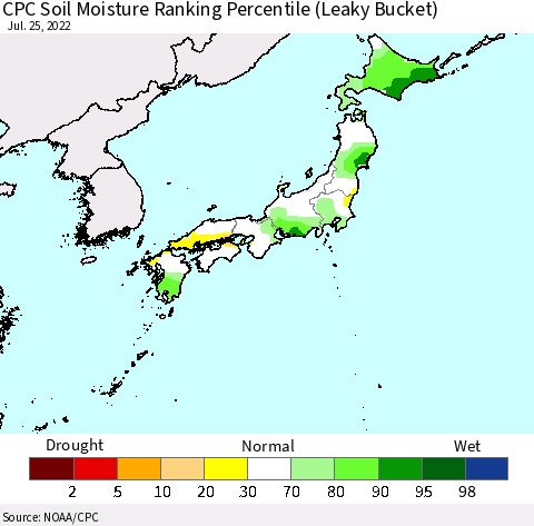 Japan CPC Soil Moisture Ranking Percentile (Leaky Bucket) Thematic Map For 7/21/2022 - 7/25/2022