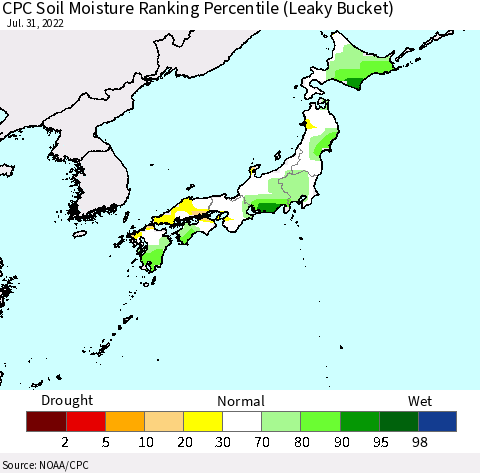 Japan CPC Soil Moisture Ranking Percentile (Leaky Bucket) Thematic Map For 7/26/2022 - 7/31/2022