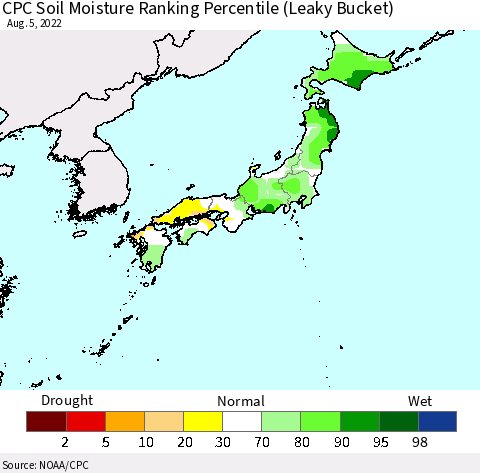 Japan CPC Soil Moisture Ranking Percentile (Leaky Bucket) Thematic Map For 8/1/2022 - 8/5/2022