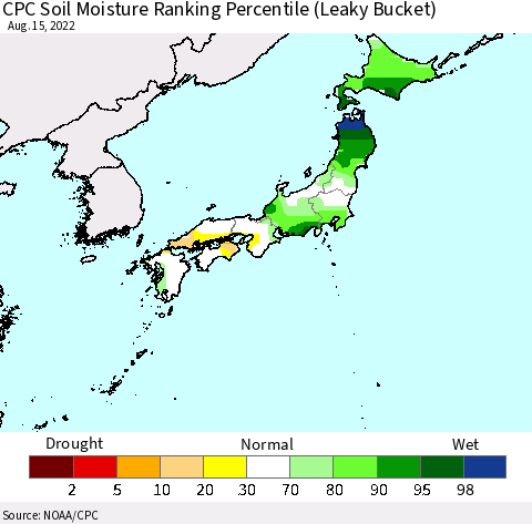 Japan CPC Soil Moisture Ranking Percentile (Leaky Bucket) Thematic Map For 8/11/2022 - 8/15/2022