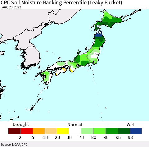 Japan CPC Soil Moisture Ranking Percentile (Leaky Bucket) Thematic Map For 8/16/2022 - 8/20/2022