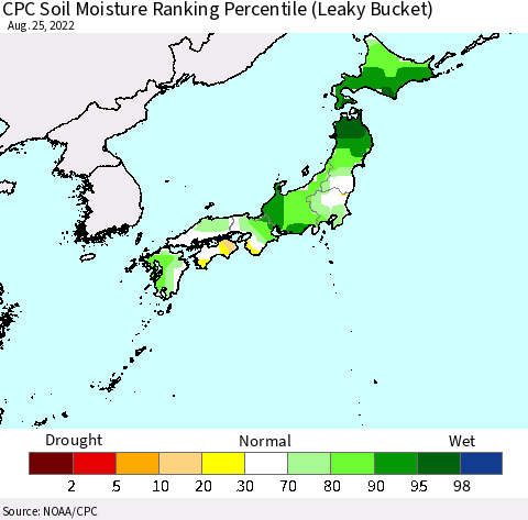Japan CPC Soil Moisture Ranking Percentile (Leaky Bucket) Thematic Map For 8/21/2022 - 8/25/2022