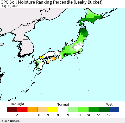 Japan CPC Soil Moisture Ranking Percentile (Leaky Bucket) Thematic Map For 8/26/2022 - 8/31/2022