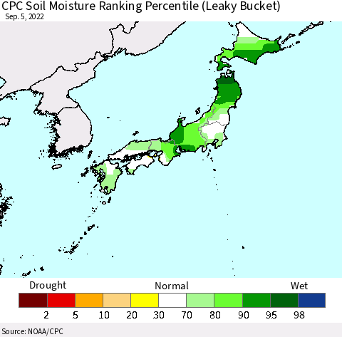 Japan CPC Soil Moisture Ranking Percentile (Leaky Bucket) Thematic Map For 9/1/2022 - 9/5/2022