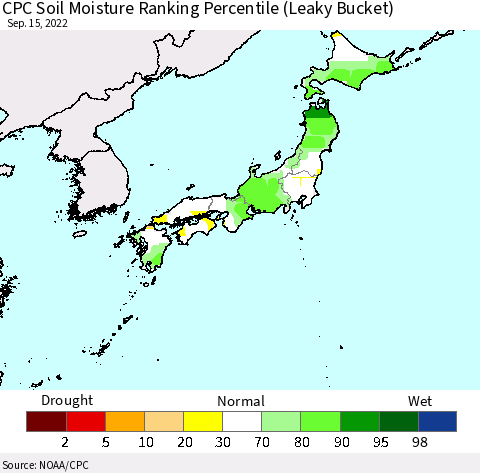 Japan CPC Soil Moisture Ranking Percentile (Leaky Bucket) Thematic Map For 9/11/2022 - 9/15/2022