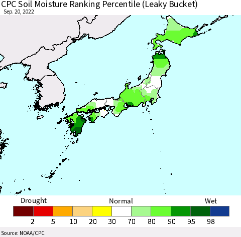 Japan CPC Soil Moisture Ranking Percentile (Leaky Bucket) Thematic Map For 9/16/2022 - 9/20/2022