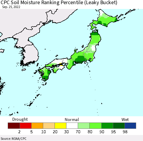 Japan CPC Soil Moisture Ranking Percentile (Leaky Bucket) Thematic Map For 9/21/2022 - 9/25/2022