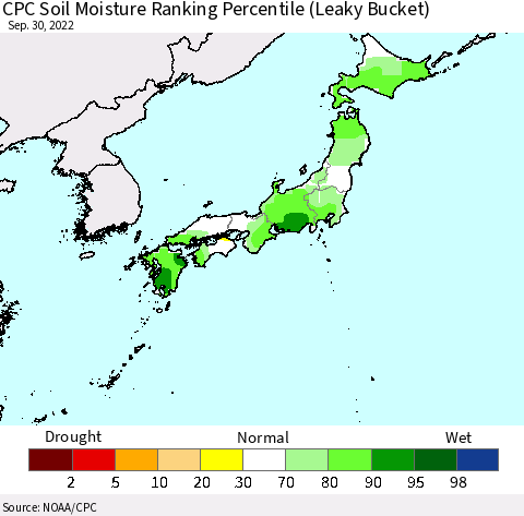 Japan CPC Soil Moisture Ranking Percentile (Leaky Bucket) Thematic Map For 9/26/2022 - 9/30/2022