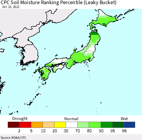 Japan CPC Soil Moisture Ranking Percentile (Leaky Bucket) Thematic Map For 10/6/2022 - 10/10/2022