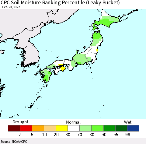 Japan CPC Soil Moisture Ranking Percentile (Leaky Bucket) Thematic Map For 10/16/2022 - 10/20/2022