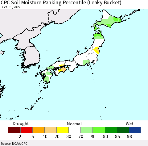 Japan CPC Soil Moisture Ranking Percentile (Leaky Bucket) Thematic Map For 10/26/2022 - 10/31/2022