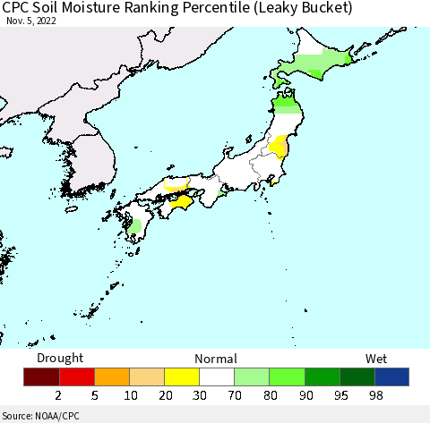 Japan CPC Soil Moisture Ranking Percentile (Leaky Bucket) Thematic Map For 11/1/2022 - 11/5/2022