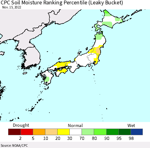 Japan CPC Soil Moisture Ranking Percentile (Leaky Bucket) Thematic Map For 11/11/2022 - 11/15/2022