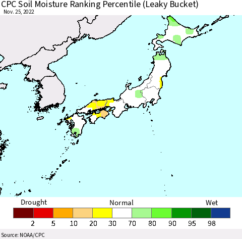 Japan CPC Soil Moisture Ranking Percentile (Leaky Bucket) Thematic Map For 11/21/2022 - 11/25/2022