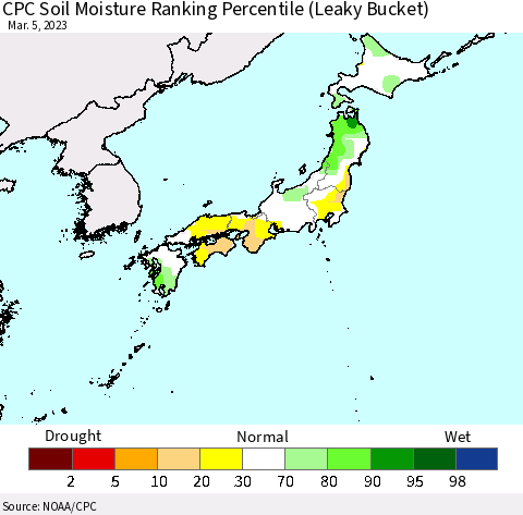 Japan CPC Soil Moisture Ranking Percentile (Leaky Bucket) Thematic Map For 3/1/2023 - 3/5/2023