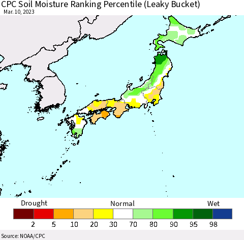 Japan CPC Soil Moisture Ranking Percentile (Leaky Bucket) Thematic Map For 3/6/2023 - 3/10/2023