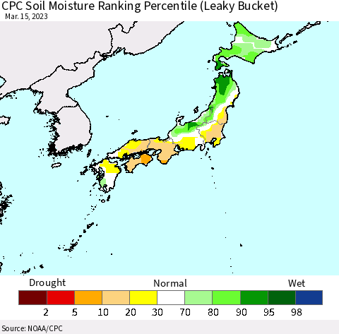 Japan CPC Soil Moisture Ranking Percentile (Leaky Bucket) Thematic Map For 3/11/2023 - 3/15/2023