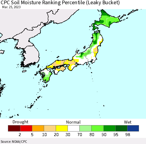Japan CPC Soil Moisture Ranking Percentile (Leaky Bucket) Thematic Map For 3/21/2023 - 3/25/2023