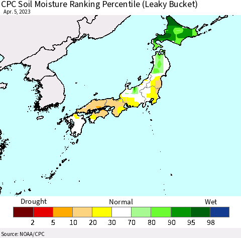 Japan CPC Soil Moisture Ranking Percentile (Leaky Bucket) Thematic Map For 4/1/2023 - 4/5/2023