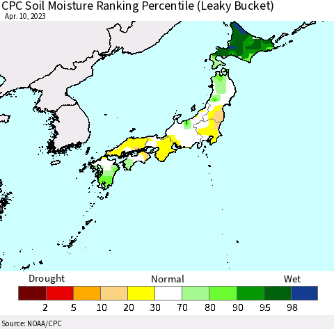 Japan CPC Soil Moisture Ranking Percentile (Leaky Bucket) Thematic Map For 4/6/2023 - 4/10/2023