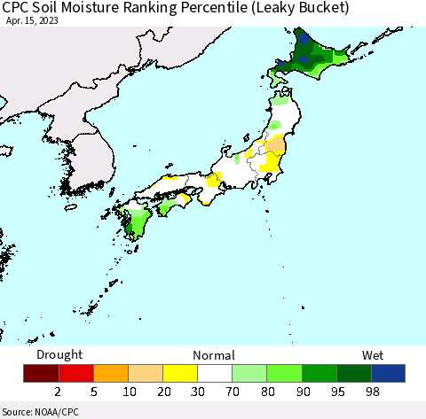 Japan CPC Soil Moisture Ranking Percentile (Leaky Bucket) Thematic Map For 4/11/2023 - 4/15/2023