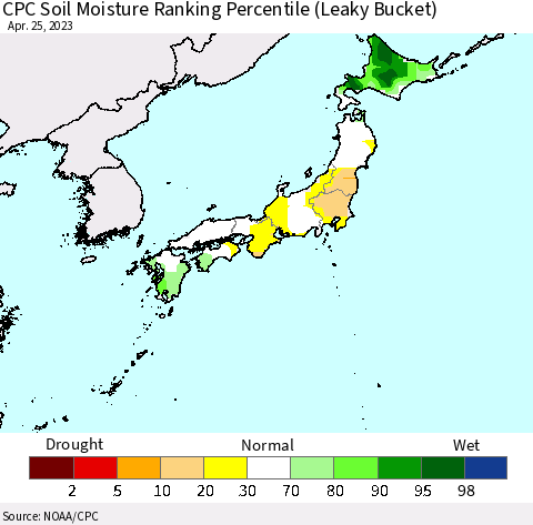 Japan CPC Soil Moisture Ranking Percentile (Leaky Bucket) Thematic Map For 4/21/2023 - 4/25/2023