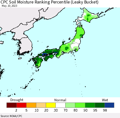 Japan CPC Soil Moisture Ranking Percentile (Leaky Bucket) Thematic Map For 5/6/2023 - 5/10/2023