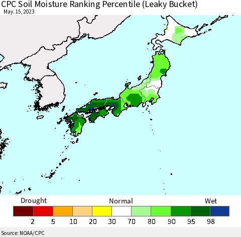Japan CPC Soil Moisture Ranking Percentile (Leaky Bucket) Thematic Map For 5/11/2023 - 5/15/2023