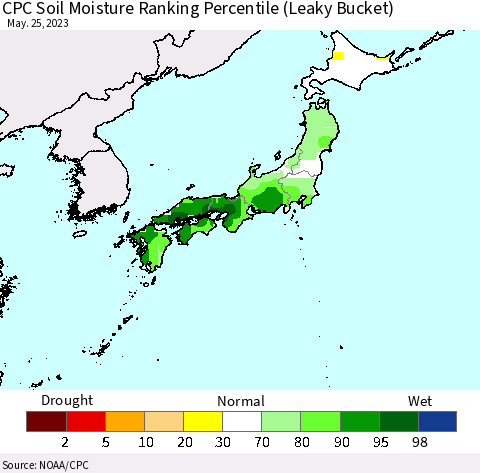 Japan CPC Soil Moisture Ranking Percentile (Leaky Bucket) Thematic Map For 5/21/2023 - 5/25/2023