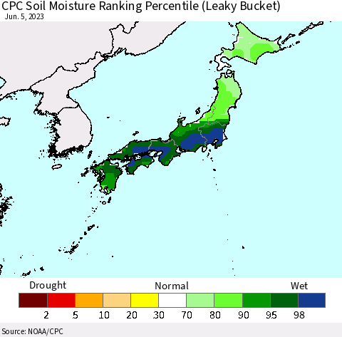 Japan CPC Soil Moisture Ranking Percentile (Leaky Bucket) Thematic Map For 6/1/2023 - 6/5/2023