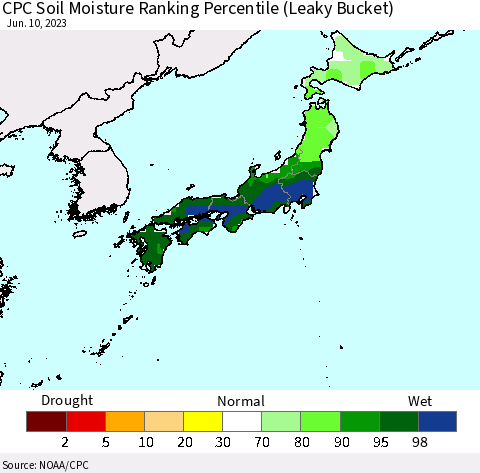 Japan CPC Soil Moisture Ranking Percentile (Leaky Bucket) Thematic Map For 6/6/2023 - 6/10/2023