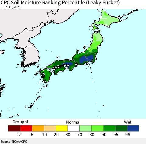 Japan CPC Soil Moisture Ranking Percentile (Leaky Bucket) Thematic Map For 6/11/2023 - 6/15/2023