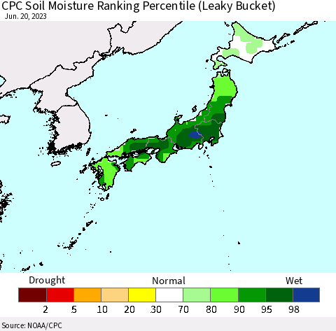 Japan CPC Soil Moisture Ranking Percentile (Leaky Bucket) Thematic Map For 6/16/2023 - 6/20/2023