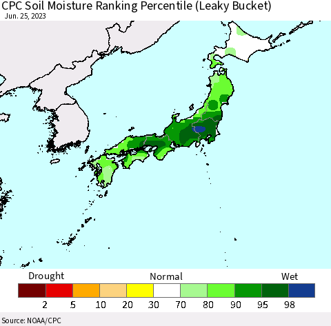 Japan CPC Soil Moisture Ranking Percentile (Leaky Bucket) Thematic Map For 6/21/2023 - 6/25/2023