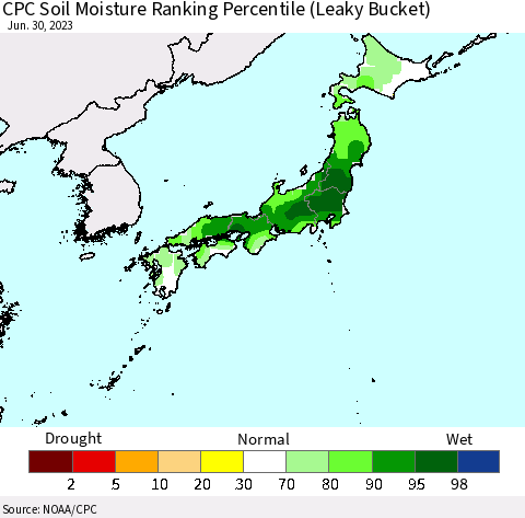 Japan CPC Soil Moisture Ranking Percentile (Leaky Bucket) Thematic Map For 6/26/2023 - 6/30/2023